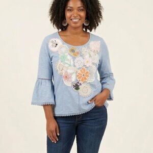 Handmade Boho Cottagecore Romantic blue embroidered bell sleeve fringe top L/XL